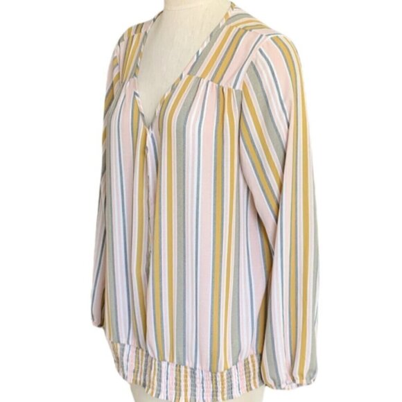 Apt 9 Womens Plus Sz XXL V-neck Striped Blouse Multicolor Smocked Waist #85A - Picture 3 of 7
